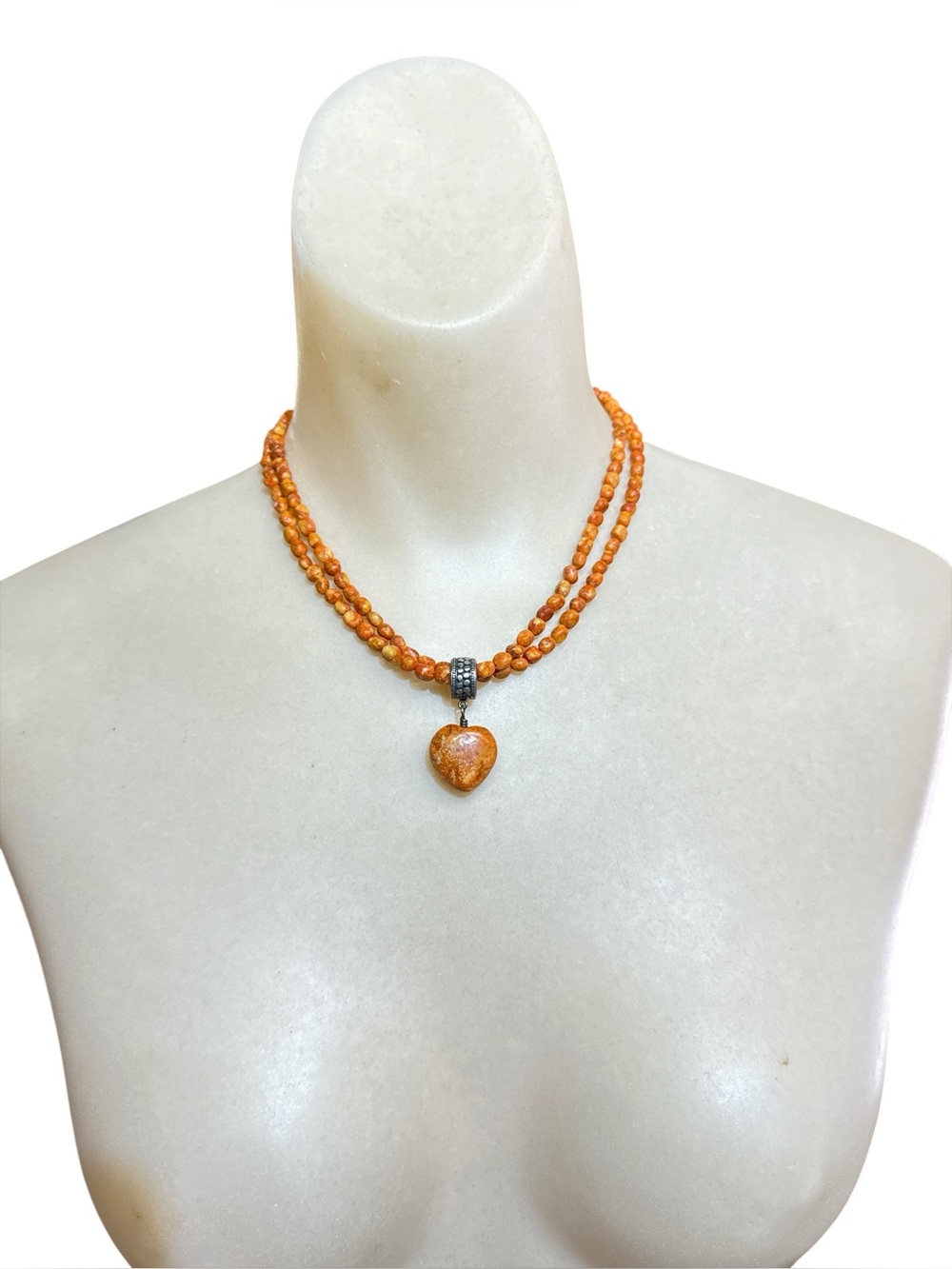 Vintage Sterling Jay King DTR Coral Heart  Double Strand Pendant Necklace 16.5”